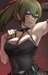 Rule 34 | 1340smile, 1girl, arm up, armpits, bare shoulders, black dress, breasts, commentary, dress, green hair, grin, halter dress, halterneck, highres, large breasts, long hair, looking at viewer, ponytail, purple eyes, sleeveless, sleeveless dress, smile, solo, sousou no frieren, ubel (sousou no frieren), upper body
