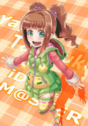 Rule 34 | 1girl, :d, brown hair, dan (orange train), green eyes, hood, hoodie, idolmaster, idolmaster (classic), long hair, open mouth, outstretched arms, skirt, smile, solo, spread arms, takatsuki yayoi, thighhighs, twintails