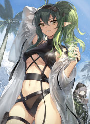 Rule 34 | 2girls, antenna hair, arknights, arm up, asicah, blue sky, breasts, brown eyes, character name, commentary, cowboy shot, crocodilian tail, cup, dated, day, drinking glass, gavial (arknights), green hair, green nails, grey eyes, grin, groin, hair between eyes, hand up, highres, holding, holding cup, hood, long hair, looking at viewer, medium breasts, midriff, multiple girls, nail polish, navel, official alternate costume, outdoors, palm tree, pointy ears, sidelocks, silver hair, sky, smile, standing, stomach, tail, thigh strap, thighs, tomimi (arknights), tree