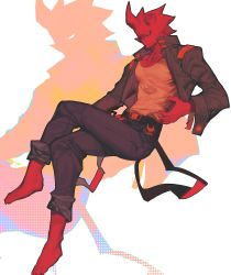 Rule 34 | 1boy, absurdres, barefoot, broken horn, collared jacket, colored skin, cropped jacket, crossed legs, crystallakec, demon boy, denim, fangs, fingernails, full body, grey jacket, highres, horns, jacket, jeans, male focus, monster boy, no pupils, original, pants, pants rolled up, pectoral cleavage, pectorals, pointy ears, red hair, red skin, sharp fingernails, sharp toenails, sitting, skin fangs, solo, tank top, toenails, toned, toned male, white background, white tank top