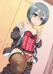 Rule 34 | 1boy, blush, brown thighhighs, bulge, collarbone, corset, crossdressing, dutch angle, erection, erection under clothes, eyelashes, garter straps, highres, indoors, kinta (kinta no mousou), lingerie, male focus, original, panties, penis, penis in panties, smile, solo, standing, thighhighs, trap, underwear, undressing