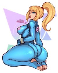 Rule 34 | 1girl, ass, barefoot, blonde hair, blue eyes, bodysuit, bracelet, breasts, cameltoe, feet, highres, huge ass, jakuson z, jewelry, large breasts, looking at viewer, looking back, metroid, mole, nintendo, one eye closed, parted lips, ponytail, red lips, samus aran, sidelocks, simple background, sitting, soles, solo, stirrup legwear, thick thighs, thighs, toeless legwear, toes, wide hips, wink, zero suit