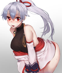Rule 34 | 1girl, bad id, bad pixiv id, bare shoulders, bent over, blush, cowboy shot, detached sleeves, eyebrows, eyelashes, eyes visible through hair, facing away, fate/grand order, fate (series), gradient background, grey hair, hair between eyes, hair ribbon, high ponytail, highres, inusaka, japanese clothes, legs together, lips, long hair, long sleeves, looking at viewer, open mouth, pink lips, red eyes, red ribbon, ribbon, solo, standing, sweat, taut clothes, teeth, tomoe (symbol), tomoe gozen (fate), tongue, tsurime, turtleneck, v arms