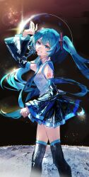 Rule 34 | 1girl, absurdres, bare shoulders, black skirt, black sleeves, black thighhighs, blue eyes, blue hair, blue necktie, commentary request, detached sleeves, eclipse, hair ornament, hand up, hatsune miku, headset, highres, karanagare, long hair, looking at viewer, necktie, number tattoo, pleated skirt, shirt, skirt, sleeveless, sleeveless shirt, smile, solo, space, star (sky), tattoo, teeth, thighhighs, twintails, very long hair, vocaloid, white shirt
