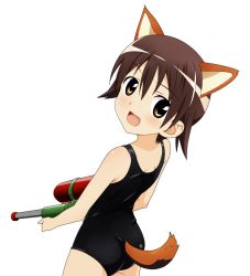 Rule 34 | 00s, 1girl, animal ears, black one-piece swimsuit, brown eyes, brown hair, clothing cutout, dog ears, dog tail, highres, miyafuji yoshika, one-piece swimsuit, solo, strike witches, swimsuit, tail, tail through clothes, transparent background, water gun, world witches series