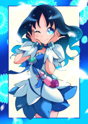 Rule 34 | 1girl, absurdres, blue border, blue bow, blue choker, blue eyes, blue flower, blue hair, blue skirt, blue theme, border, bow, bright pupils, brooch, choker, closed mouth, cosplay, cowboy shot, cure marine, cure marine (cosplay), dark blue hair, dot nose, flower, halftone, hands on own face, heart, heart brooch, heartcatch precure!, highres, jewelry, kurumi erika, long hair, looking at viewer, magical girl, one eye closed, pakotaroh, pouch, precure, puffy sleeves, self cosplay, skirt, smile, solo, standing, white wrist cuffs, wrist cuffs