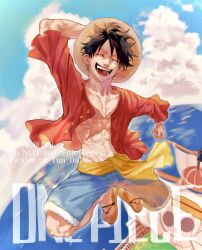 Rule 34 | 1boy, black hair, blue shorts, closed eyes, cloud, commentary, copyright name, dm 0820, english commentary, grass, hand on headwear, hat, highres, monkey d. luffy, ocean, one piece, open clothes, open shirt, sail, sandals, sash, scar, scar on chest, scar on face, short hair, shorts, sky, smile, solo, straw hat, thousand sunny, twitter username, yellow sash