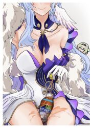 Rule 34 | 2girls, arm up, armpits, bare shoulders, blue choker, blue hair, bottle, breasts, choikfu, choker, cleavage, commentary, dress, feather boa, firefly (honkai: star rail), head out of frame, head wings, honkai: star rail, honkai (series), large breasts, mini person, minigirl, multiple girls, robin (honkai: star rail), sitting, strapless, strapless dress, thighs, white dress, wings
