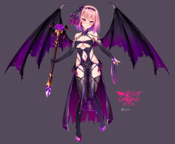 Rule 34 | 1girl, arms at sides, bat wings, breasts, clothing cutout, corruption, dark persona, dress, floating, gradient hair, grey background, hair ornament, hairband, highleg, highleg panties, highres, holding, holding staff, looking at viewer, medium breasts, multicolored hair, navel piercing, panties, parted lips, piercing, pink eyes, pink hair, princess connect!, pubic tattoo, puririn, purple hair, pussy juice, revealing clothes, see-through, shoes, short hair, simple background, solo, staff, tattoo, thighhighs, twitter username, underwear, wings, yui (princess connect!)