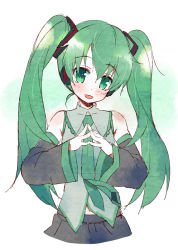 Rule 34 | 1girl, :d, bare shoulders, blush, detached sleeves, fingers together, green eyes, green hair, hatsune miku, long hair, looking at viewer, matching hair/eyes, meito (maze), necktie, no legs, open mouth, simple background, sketch, skirt, smile, solo, steepled fingers, twintails, very long hair, vocaloid