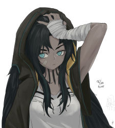Rule 34 | 1girl, 1other, absurdres, arknights, arm up, bandaged arm, bandages, bandaid, bandaid on cheek, bandaid on face, black hair, black nails, blue eyes, commentary request, doctor (arknights), dokonjou (odossan), flint (arknights), hand on own head, highres, hood, long hair, looking at viewer, nail polish, shirt, simple background, upper body, white background, white shirt