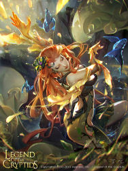 Rule 34 | 1girl, artist name, back, bare shoulders, circlet, copyright name, dated, closed eyes, fish, flower, hair flower, hair ornament, highres, leaf, legend of the cryptids, long hair, official art, orange hair, sitting, solo, tree, water, zinnadu