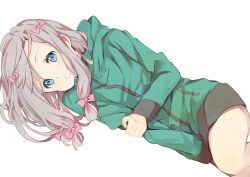 Rule 34 | 10s, 1girl, 7468, bad id, bad pixiv id, bare legs, blue eyes, blush, bow, commentary request, eromanga sensei, green jacket, grin, hair bow, hair ornament, hand on own arm, highres, izumi sagiri, jacket, long hair, long sleeves, looking at viewer, lying, on side, parted lips, pink bow, silver hair, simple background, smile, solo, track jacket, white background