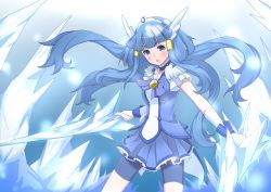 Rule 34 | 10s, 1girl, aoki reika, bad id, bad pixiv id, bike shorts, bike shorts under skirt, blue background, blue dress, blue eyes, blue hair, blue theme, boots, choker, crystal sword, cure beauty, dress, galaxea, gradient background, hair tubes, head wings, highres, ice, long hair, magical girl, matching hair/eyes, open mouth, precure, serious, shorts, shorts under skirt, skirt, smile precure!, solo, sword, tiara, weapon, wings, wrist cuffs