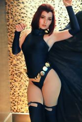 Rule 34 | 1girl, back, bare legs, black leotard, breasts, cape, cosplay, curvy, dc comics, floating clothes, highleg, highleg leotard, highres, leotard, lips, long hair, looking at viewer, omgcosplay, photo (medium), purple hair, raven (dc), raven (dc) (cosplay), short hair, skindentation, solo, standing, teen titans, wide hips