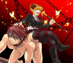 Rule 34 | 1boy, 1girl, all fours, bdsm, beatrice (umineko), blonde hair, blue eyes, boots, bug, butterfly, cane, chain, clothed female nude male, collar, crossed legs, femdom, flower, grey eyes, hair bun, hair flower, hair ornament, hand in own hair, human chair, human furniture, humiliation, insect, necktie, nude, red hair, rose, shaded face, single hair bun, sitting, sitting on person, skirt, sousui hani, striped clothes, striped thighhighs, sweat, thighhighs, umineko no naku koro ni, ushiromiya battler