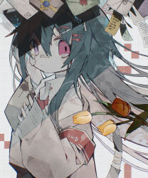 Rule 34 | 1girl, absurdres, animal ear fluff, animal ears, aqua hair, armband, bandaged neck, bandaged tail, bandages, bandaid, bandaid on cheek, bandaid on face, bandaid on nose, blood, blood on flower, brown cardigan, cardigan, cat ears, cat tail, closed mouth, collared shirt, commentary, envelope, fish hair ornament, floating hair, flower, gauze, gauze on cheek, grid background, hair between eyes, hair ornament, hairclip, hands up, heterochromia, highres, holding, holding envelope, letter, long hair, long sleeves, looking at viewer, looking to the side, mojibake text, necktie, off shoulder, original, purple eyes, red armband, red eyes, red flower, red necktie, red tulip, shirt, sideways glance, sleeves past wrists, solo, soresaki, splatter, tail, translation request, tulip, upper body, very long hair, wax seal, white shirt, yellow flower, yellow tulip