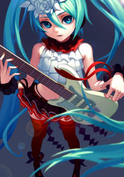 Rule 34 | 1girl, aqua hair, arm ribbon, belt, black panties, black ribbon, black skirt, blue eyes, blue hair, blurry, crop top, depth of field, diamond (shape), electric guitar, fkey, flat chest, flower, from above, guitar, hair between eyes, hair flower, hair ornament, hatsune miku, headphones, highleg, highleg panties, highres, holding, instrument, layered skirt, legs apart, lens flare, long hair, looking at viewer, matching hair/eyes, midriff, miniskirt, nail polish, navel, nisoku hokou (vocaloid), orange nails, panties, parted lips, project diva (series), project diva f 2nd, red nails, red ribbon, red thighhighs, ribbon, shade, shoes, skirt, sleeveless, solo, standing, stomach, thighhighs, twintails, underwear, very long hair, vocaloid, white flower, wrist cuffs