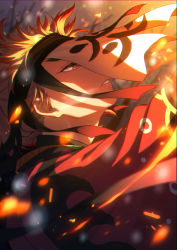 Rule 34 | 1boy, arm up, blonde hair, blurry, colored tips, depth of field, fire, floating clothes, from side, highres, japanese clothes, kimetsu no yaiba, kimono, long sleeves, looking away, looking up, male focus, mask, multicolored hair, night, parted lips, portrait, red hair, red kimono, rengoku kyoujurou, seiseizeaaaa, snowing, solo, streaked hair