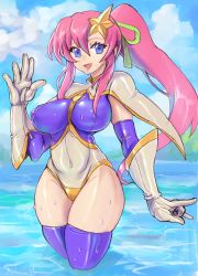 Rule 34 | 1girl, \n/, adapted costume, breasts, capelet, covered erect nipples, covered navel, floating hair, gloves, gundam, gundam seed, gundam seed destiny, hair ornament, highres, large breasts, long hair, meer campbell, ocean, one-piece swimsuit, oomasa teikoku, open mouth, pink hair, ponytail, skindentation, solo, star (symbol), star hair ornament, swimsuit, thick thighs, thighhighs, thighs, wading, water, waving, wet, white gloves