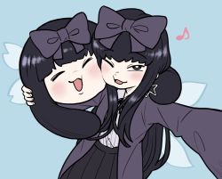 Rule 34 | 2girls, black eyes, black hair, black skirt, blue background, blush, bow, bright pupils, bseibutsu, coat, collared shirt, cookie (touhou), dual persona, earrings, fairy wings, hair bow, jewelry, long hair, looking at viewer, multiple girls, musical note, one eye closed, open mouth, purple bow, purple coat, shirt, shunga youkyu, simple background, skirt, smile, star (symbol), star earrings, star sapphire, touhou, white pupils, white shirt, wings, yukkuri shiteitte ne