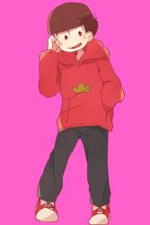 Rule 34 | 1boy, blunt bangs, bowl cut, brown hair, commentary request, full body, hand in pocket, hand up, hood, hoodie, male focus, matsuno osomatsu, open mouth, osomatsu-san, osomatsu (series), pants, pink background, ponponzutea, red eyes, shoes, smile, sneakers, solo