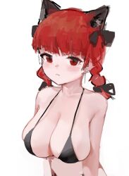 Rule 34 | 1girl, animal ear fluff, animal ears, bikini, black bow, blunt bangs, bow, braid, breasts, cat ears, cleavage, closed mouth, commentary, english commentary, expressionless, extra ears, hair bow, hair ribbon, kaenbyou rin, large breasts, light blush, light frown, long hair, red eyes, red hair, reddizen, ribbon, simple background, solo, swimsuit, touhou, tress ribbon, twin braids, upper body, white background