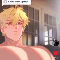 Rule 34 | 1boy, bara, blonde hair, brown eyes, cover, cover them up slut (meme), large pectorals, male focus, meme, muscular, muscular male, nu carnival, nude, pectorals, quincy (nu carnival), short hair, solo, tagme, upper body