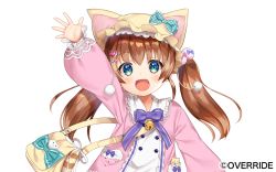Rule 34 | 1girl, :d, animal ears, animal hat, arm up, bag, bell, blue eyes, bow, brown hair, brown hat, cat ears, cat hat, character request, collared dress, commentary request, copyright notice, dress, fake animal ears, girls symphony, green bow, green eyes, hair between eyes, hat, hat bow, jingle bell, lace-trimmed collar, lace trim, long hair, long sleeves, looking at viewer, official art, open mouth, pico (p i c o), pink dress, plaid, plaid bow, puffy long sleeves, puffy sleeves, purple bow, shoulder bag, simple background, smile, solo, striped, striped bow, twintails, upper body, white background