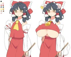 Rule 34 | 1girl, animal ears, ascot, bell, black hair, bow, breast expansion, breasts, brown eyes, comparison, cow ears, cow tail, cowbell, detached sleeves, covered erect nipples, expressionless, flat chest, hair bow, hair tubes, hakurei reimu, hand on own hip, horns, huge breasts, long skirt, red shirt, red skirt, ribbon-trimmed sleeves, ribbon trim, shirt, short hair, skirt, sleeveless, sleeveless shirt, solo, tail, toriga naku, touhou, underboob