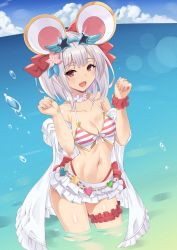 Rule 34 | 1girl, absurdres, animal ears, bare shoulders, bikini, bikini skirt, blush, breasts, collarbone, fake animal ears, frilled bikini, frills, granblue fantasy, highres, huge filesize, looking at viewer, mouse ears, navel, ocean, open mouth, pm tii (matuko1024), red eyes, small breasts, smile, star-shaped eyewear, star (symbol), striped bikini, striped clothes, swimsuit, thighs, vikala (blooming summer wallflower) (granblue fantasy), vikala (granblue fantasy), wading, white hair