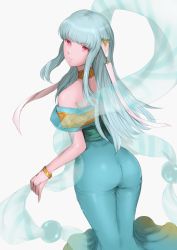 Rule 34 | 1girl, ass, bare shoulders, blue hair, blunt bangs, breasts, dancer, fire emblem, fire emblem: the blazing blade, highres, jtaka, large breasts, light blue hair, long hair, looking at viewer, looking back, ninian, nintendo, nipples, red eyes, simple background, smile, solo, veil, white background
