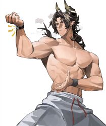 Rule 34 | 1boy, abs, alternate costume, arknights, black hair, breath, chong yue (arknights), cowboy shot, dragon boy, dragon horns, fighting stance, from below, highres, horns, large pectorals, long hair, looking to the side, male focus, multicolored hair, muscular, muscular male, no nipples, outstretched arm, pants, pectorals, pointy ears, red eyes, sinnbunn, solo, stomach, streaked hair, sweat, thick eyebrows, topless male, track pants, turning head, v-taper
