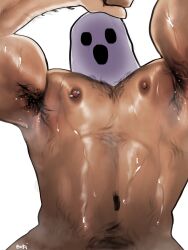 Rule 34 | 1boy, armpits, bara, barbell piercing, boki (haideebobs), cowboy shot, from below, ghost costume, halloween, halloween costume, highres, large pectorals, looking at viewer, male focus, male pubic hair, muscular, muscular male, navel, navel hair, nipples, original, pectorals, piercing, pov, pubic hair, solo, sparse chest hair, steaming body, stomach, sweat, very sweaty