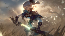 Rule 34 | 1girl, backlighting, blonde hair, blue eyes, breasts, capelet, closed mouth, cloud, coattails, floating hair, gauntlets, genshin impact, glowing, glowing weapon, grass, hair between eyes, hair ribbon, high collar, highres, holding, holding sword, holding weapon, jacket, jean (genshin impact), long hair, looking afar, medium breasts, official art, outdoors, pants, ponytail, popped collar, raikoart, ribbon, sheath, sidelocks, solo, sunlight, sword, unsheathing, weapon, wind
