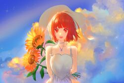 Rule 34 | 1girl, arima kana, bob cut, cloud, cloudy sky, dress, flower, happy, hat, hat ribbon, highres, inverted bob, jewelry, looking at viewer, necklace, necktie, open mouth, oshi no ko, red eyes, red hair, ribbon, short hair, sky, smile, sunflower, upper body, white dress, white headwear, white necktie, white ribbon, ximingpi