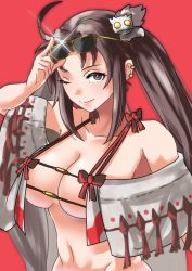 Rule 34 | 1girl, absurdres, bare shoulders, bikini, blush, breasts, brown eyes, brown hair, cleavage, closed mouth, collarbone, earrings, eyewear on head, fate/grand order, fate (series), hair ornament, highres, jewelry, large breasts, long hair, looking at viewer, multiple earrings, navel, one eye closed, open clothes, red background, robe, shibao aoyama, smile, sunglasses, swimsuit, twintails, very long hair, white bikini, yu mei-ren (fate), yu mei-ren (swimsuit lancer) (fate)