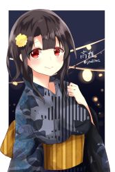 Rule 34 | 10s, 1girl, alternate costume, black hair, breasts, commentary request, eyebrows, flower, hair flower, hair ornament, highres, japanese clothes, kantai collection, kimono, large breasts, light smile, looking at viewer, obi, red eyes, sash, short hair, solo, takao (kancolle), twitter username, yukata, zarathurtra