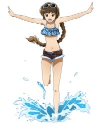Rule 34 | :d, barefoot, bikini, blue bikini, braid, braided ponytail, brown eyes, brown hair, brown shorts, collarbone, eyewear on head, floating hair, freckles, full body, hair ribbon, isuzu (log horizon), leg up, log horizon, long hair, looking down, low-tied long hair, navel, official art, open clothes, open mouth, open shorts, outstretched arms, polka dot, polka dot bikini, ponytail, ribbon, short shorts, shorts, single braid, smile, solo, standing, standing on one leg, sunglasses, swimsuit, transparent background, very long hair, water, white-framed eyewear, yellow ribbon