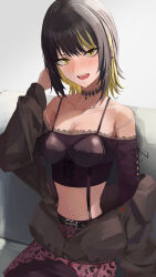 Rule 34 | 1girl, absurdres, animal print, black hair, black jacket, black shirt, blonde hair, blush, breasts, collarbone, couch, crop top, ear piercing, highres, idolmaster, idolmaster shiny colors, ikaruga luca, jacket, jacket partially removed, leopard print, looking at viewer, midriff, multicolored hair, navel, nofakeuk, off-shoulder shirt, off shoulder, on couch, partially unzipped, piercing, pink skirt, shirt, sitting, skirt, small breasts, solo, streaked hair