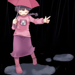 Rule 34 | 1girl, braid, lowres, madotsuki, pink shirt, puddle, rain, shirt, skirt, solo, twin braids, umbrella, yume nikki