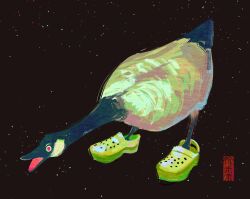 Rule 34 | animal, animal focus, artist logo, artist name, beak, bird, brown background, commentary, crocs, english commentary, goose, green footwear, highres, no humans, open mouth, original, red eyes, simple background, solo, weiwei (peevishpants)