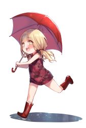 Rule 34 | 1girl, :d, blonde hair, boots, full body, hair between eyes, hair ornament, hair ribbon, highres, holding, holding umbrella, long hair, looking up, open mouth, red riding hood (sinoalice), red shirt, ribbon, rubber boots, running, shirt, sinoalice, sleeveless, sleeveless shirt, smile, solo, teroru, twintails, umbrella, wet floor, yellow eyes