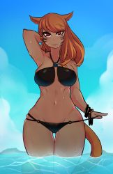 Rule 34 | 10s, 1girl, animal ears, warrior of light (ff14), bad id, bad tumblr id, bikini, bikini pull, black bikini, borrowed character, bracelet, breasts, brown hair, cat ears, cat tail, clothes pull, commission, curvy, dark-skinned female, dark skin, eyebrows, eyeliner, facial mark, final fantasy, final fantasy xiv, gluteal fold, groin, hand in own hair, highres, jewelry, large breasts, long hair, looking at viewer, makeup, miqo&#039;te, mole, mole under eye, navel, original, red eyes, saane, slit pupils, smile, solo, swimsuit, tail, thigh gap, wading, water, wet, whisker markings, wide hips