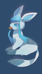 Rule 34 | absurdres, blue background, creatures (company), food, food in mouth, fruit, full body, game freak, gen 4 pokemon, glaceon, highres, looking at viewer, nintendo, no humans, nullma, pokemon, pokemon (creature), simple background, sitting, solo, strawberry, tail