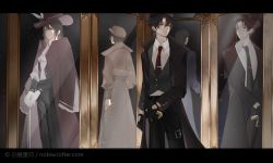 Rule 34 | 5boys, black gloves, black hair, brown coat, brown eyes, brown hair, brown headwear, cane, coat, copyright notice, glasses, gloves, hat, highres, klein moretti, long hair, looking to the side, lord of the mysteries, mirror, mirror image, multiple boys, necktie, nobiw, red neckwear, reflection, shirt, short hair, white shirt