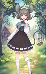 Rule 34 | 1girl, animal ears, ascot, basket, black dress, black footwear, blue capelet, blue sky, cabin, capelet, collar, collared capelet, collared dress, dowsing rod, dress, frilled dress, frilled socks, frills, grass, grey hair, holding, kneehighs, leaf, long sleeves, looking at viewer, mouse (animal), mouse ears, mouse tail, nazrin, non-web source, official art, open mouth, outdoors, path, puffy long sleeves, puffy sleeves, red eyes, ribbon, ribbon-trimmed dress, road, short dress, short hair, sky, smile, socks, sunlight, tail, third-party source, touhou, touhou cannonball, tree, white ascot, white collar, white ribbon, white sleeves, white socks, yayori