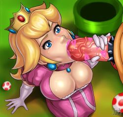 Rule 34 | aaaninja, bestiality, blonde hair, blue eyes, bowser, breasts, cleavage, cock ring, crown, elbow gloves, erection, fellatio, gloves, hetero, highres, jewelry, large breasts, large penis, lipstick, lipstick mark, lipstick mark on penis, long hair, makeup, mario (series), necklace, nintendo, oral, penis, princess peach, sex toy, super mario bros. 1, uncensored, warp pipe