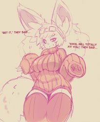 Rule 34 | 1girl, animal ears, bad id, bad tumblr id, big hair, breasts, cat ears, dress, english text, frown, goggles, goggles on head, large breasts, long hair, nellko agogo, original, oversized clothes, ribbed sweater, sketch, slugbox, solo, sweater, sweater dress, tail, thick thighs, thighhighs, thighs, zettai ryouiki