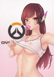 Rule 34 | 1girl, armpits, bluefield, blush, breasts, brown eyes, brown hair, blowing bubbles, chewing gum, clothes lift, clothes pull, covered erect nipples, d.va (overwatch), eyebrows, facial mark, groin, headphones, highres, lifting own clothes, logo, long hair, looking at viewer, medium breasts, navel, nipples, overwatch, overwatch 1, reaching, reaching towards viewer, selfie, shirt lift, solo, sweat, underboob, whisker markings